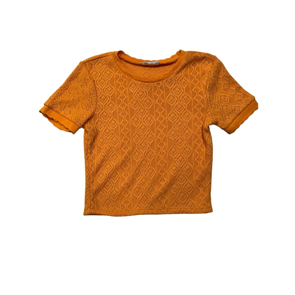 Zara Womens Orange Pointelle Knit Short Sleeve Top Crew Neck Eyelet Sweater M